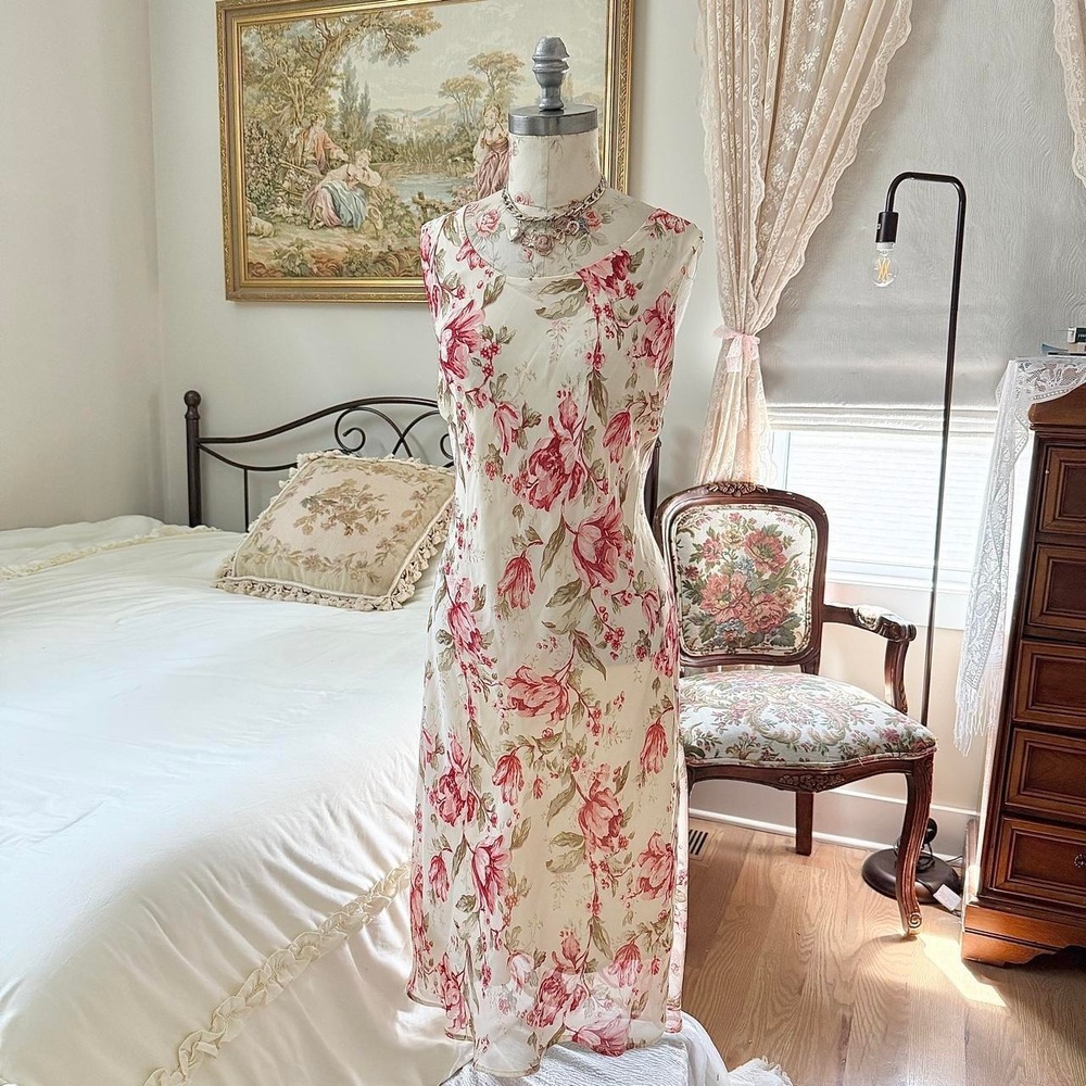 90s White Stag size 16 ivory pink floral sleeveless midi slip dress - Picture 2 of 6
